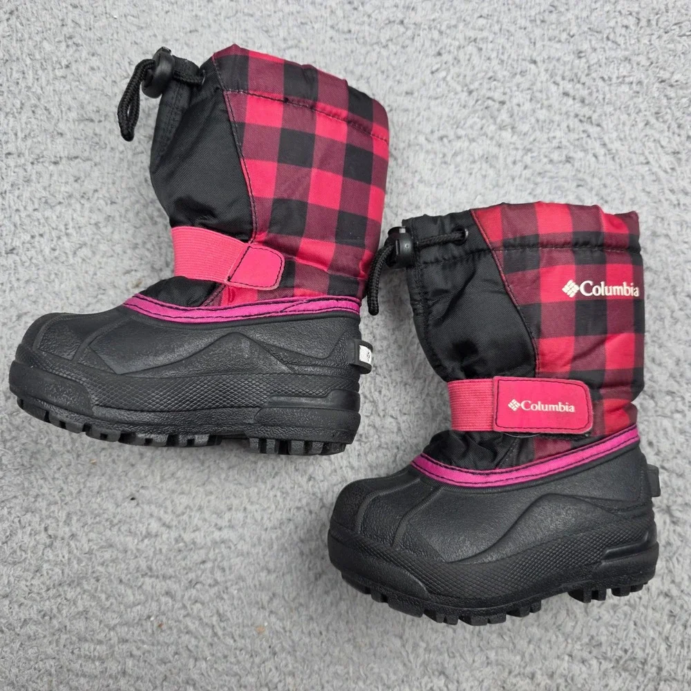 Columbia Powderbug Plus II Snow Boots Kids Size 6 Red Black Buffalo Plaid Plaid